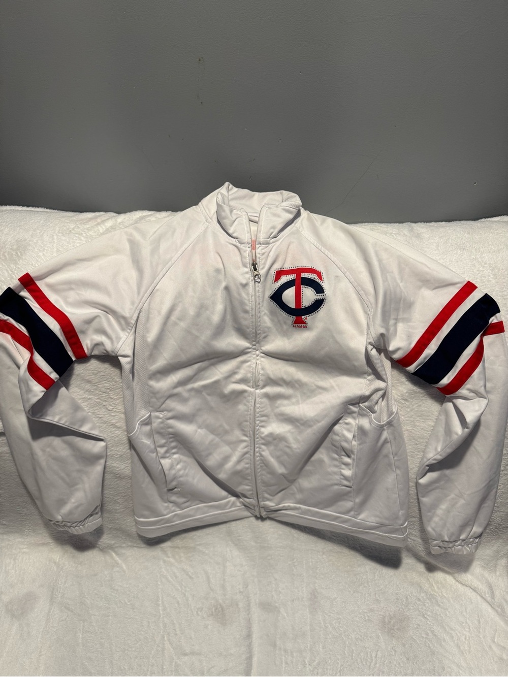 Genuine Merchandise White Minnesota Twins Varsity Jacket with Red & Navy Stripes